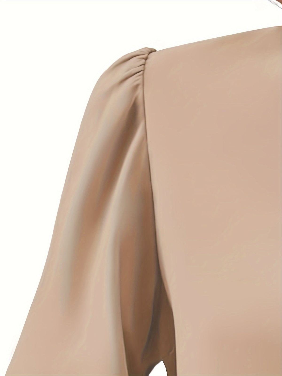 Solid V Neck Simple Blouse, Elegant Long Sleeve Ruched Blouse