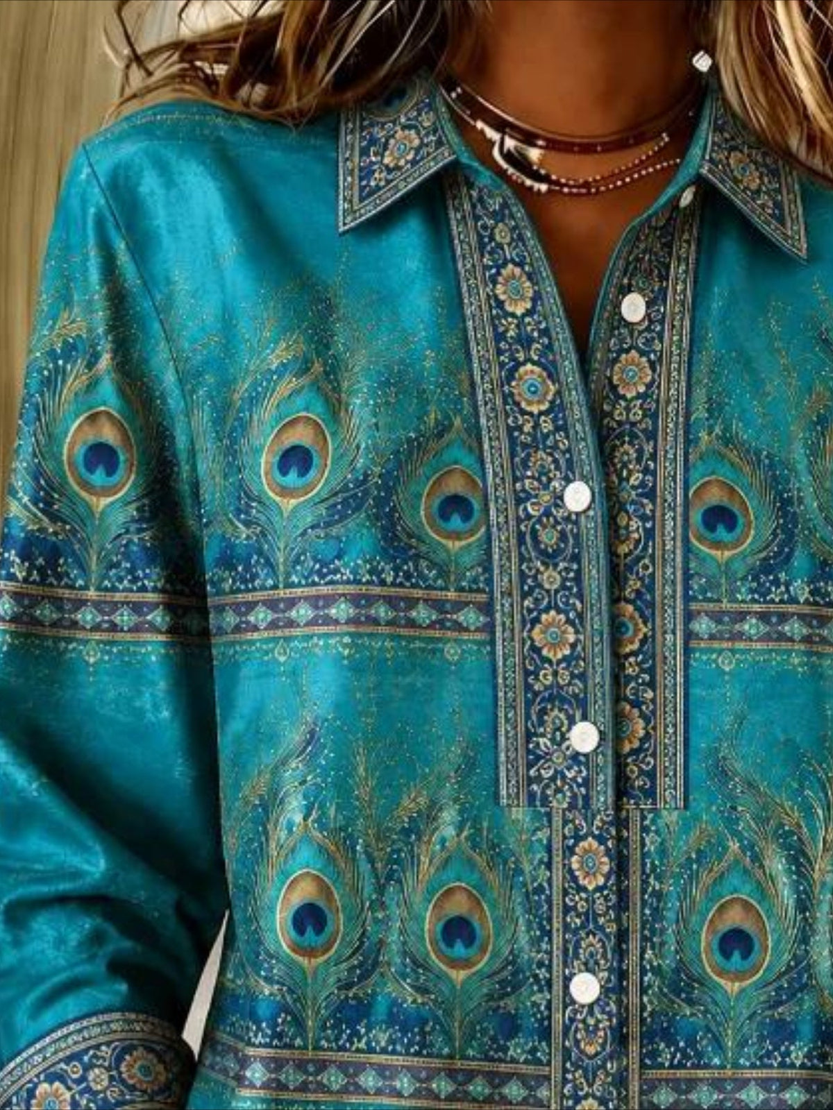 Peacock Feather Print V Neck Long Sleeve Plain Regular Micro-Elasticity Regular Fit Shirt