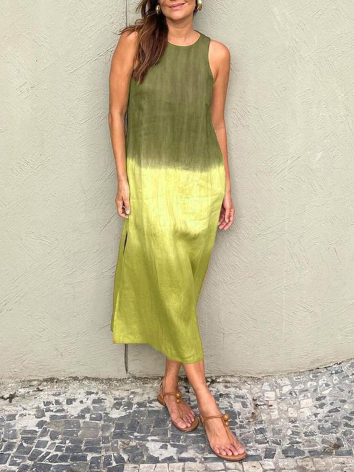 Casual Cotton Linen Sleeveless Side Slit Gradient Color Dress