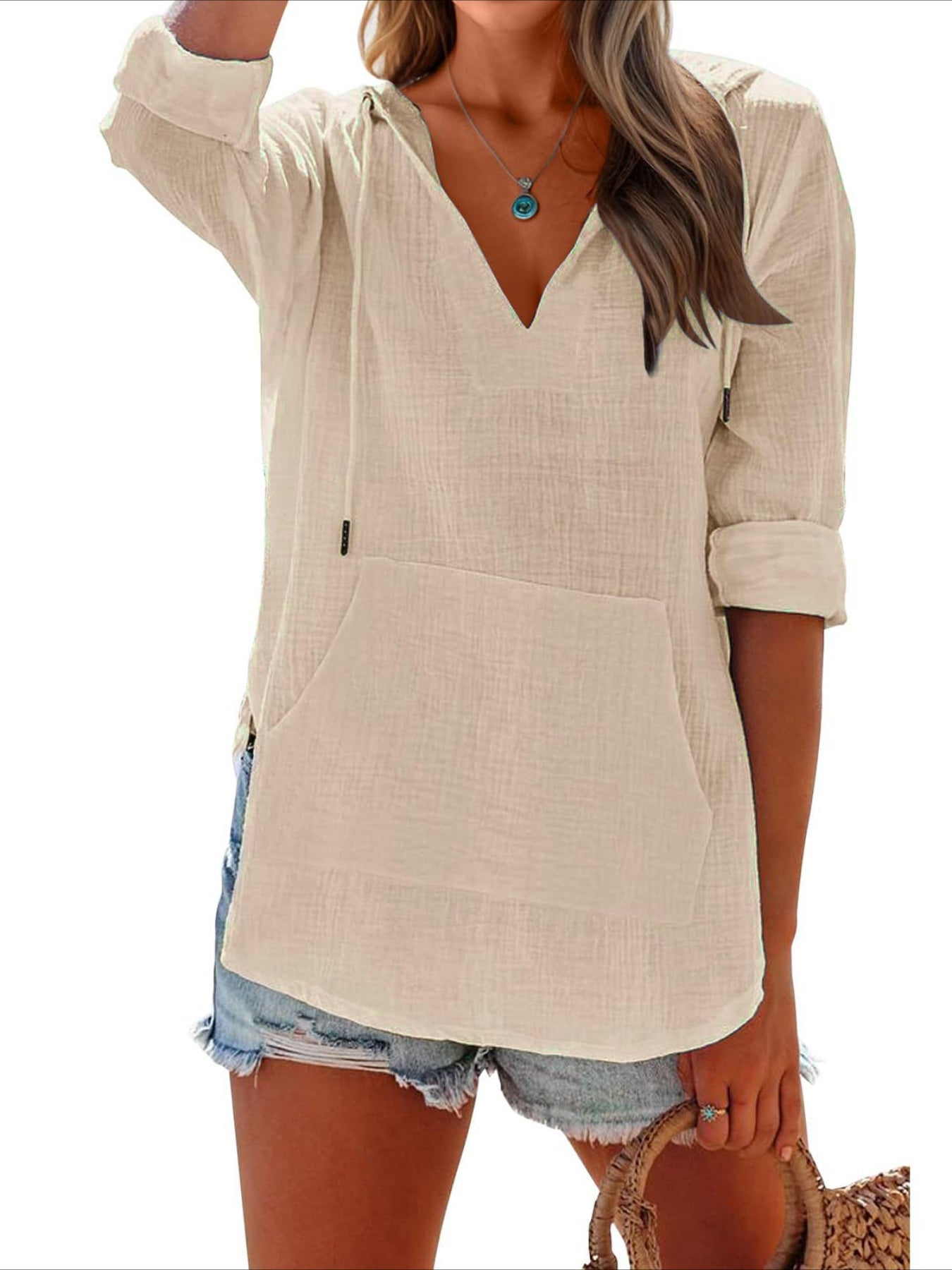Long Sleeve V Neck Pocketed Hooded Sweatshirt