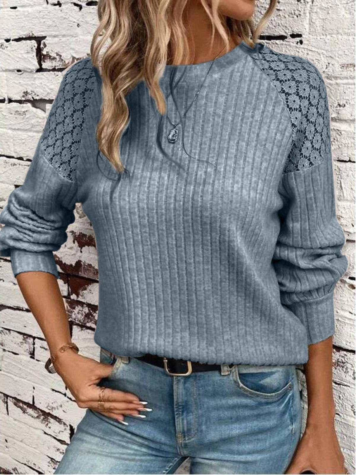 Lace Panel Ribbed Knit T-Shirt, Casual Crew Neck Long Sleeve T-Shirt