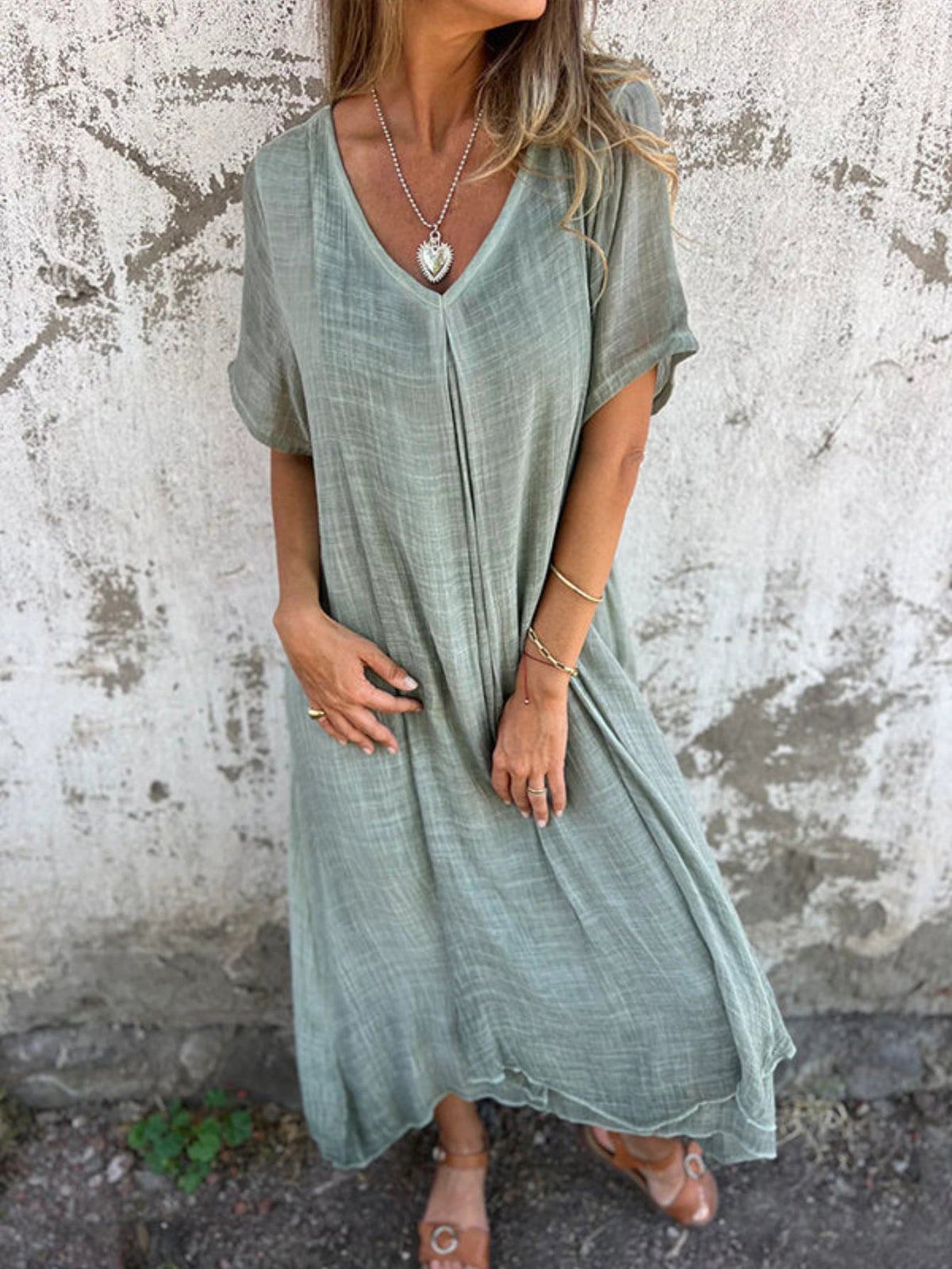 Solid Color Cotton Linen V-Neck Casual Maxi Dress