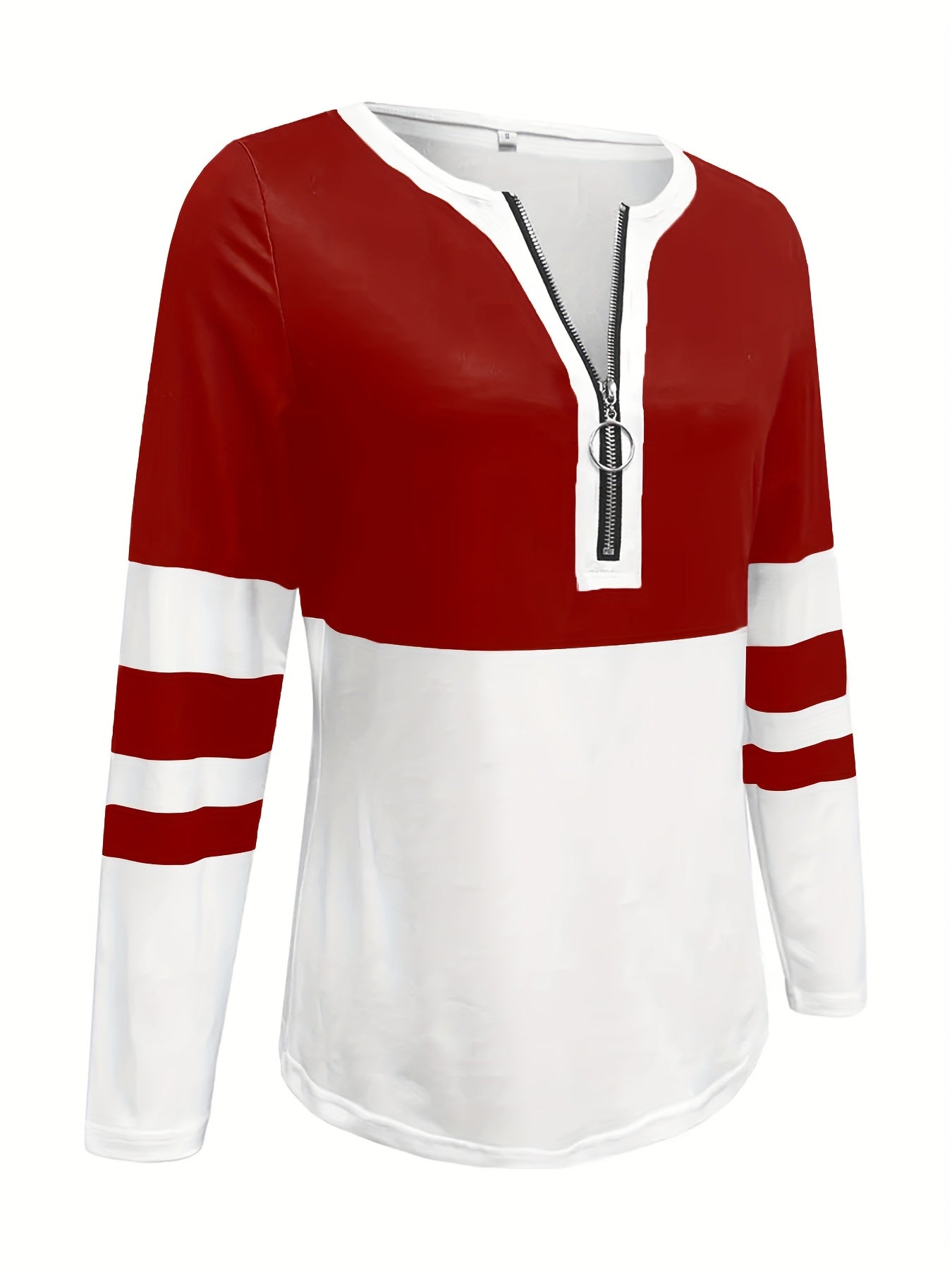 Stylish Color Block V-Neck Long Sleeve T-Shirt with Zipper Detail