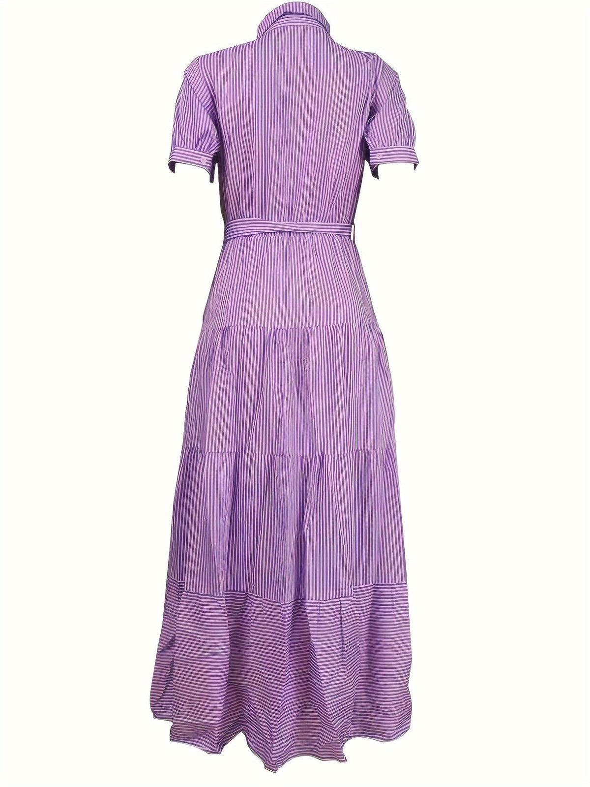 Button Front Short Sleeves Vibrant Striped Tunic Shirt Maxi Dress