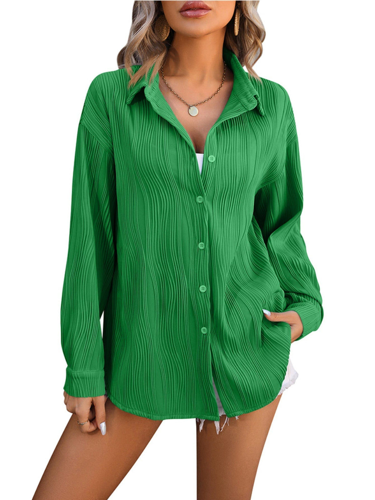 Solid Textured Button Front Shirt, Vintage Long Sleeve Shirt