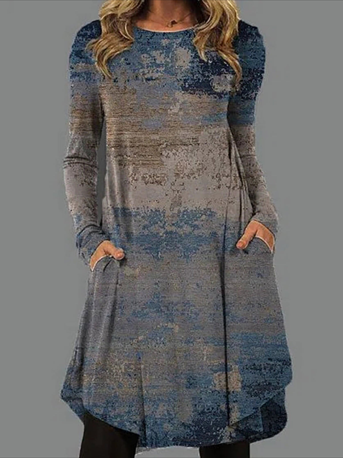 Graphic Print Dress with Long Sleeves and Pockets - Casual and Comfortable