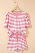 Pink Stripe Puff Short Sleeve T Shirt Matching Shorts Set