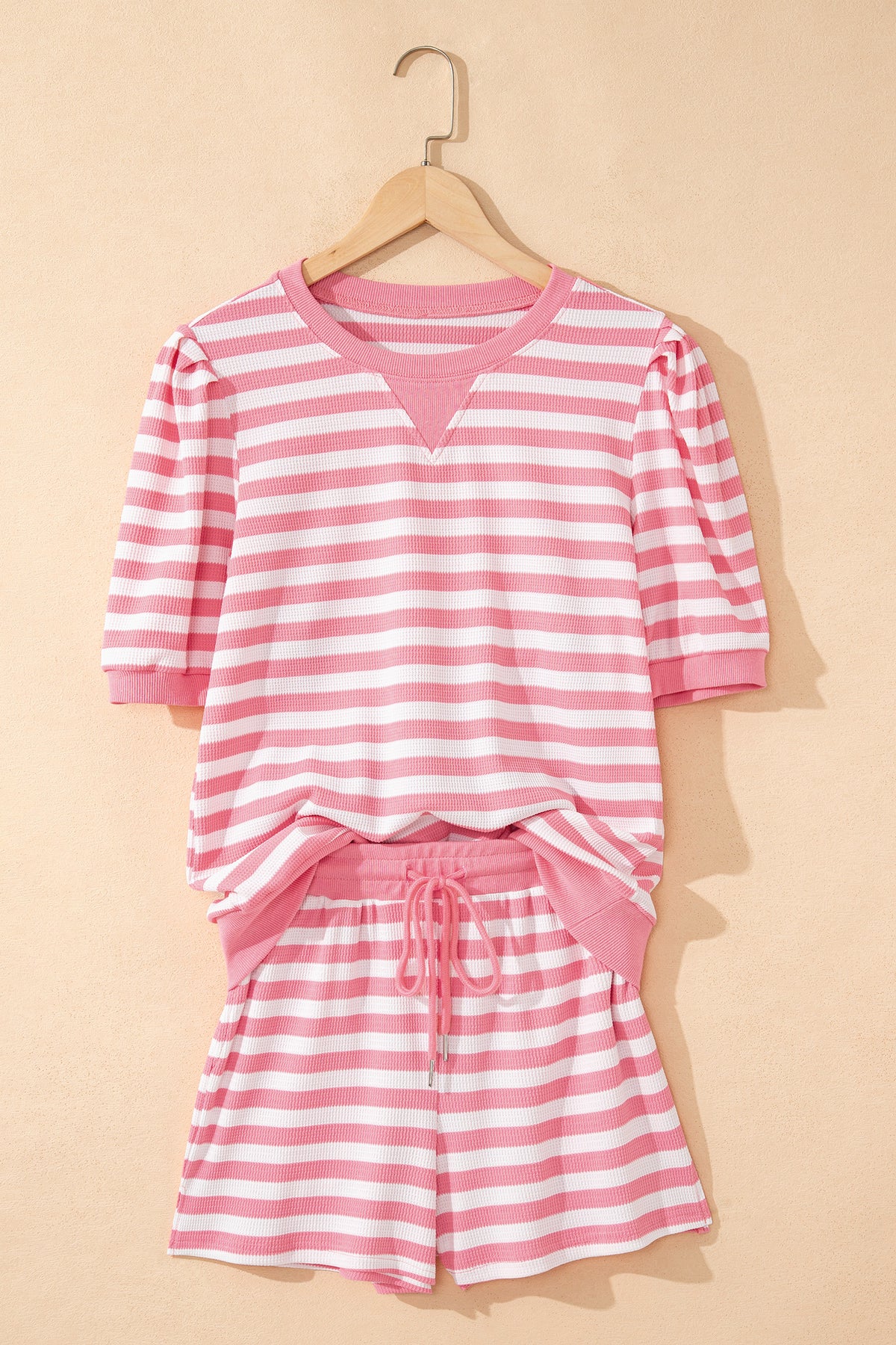 Pink Stripe Puff Short Sleeve T Shirt Matching Shorts Set