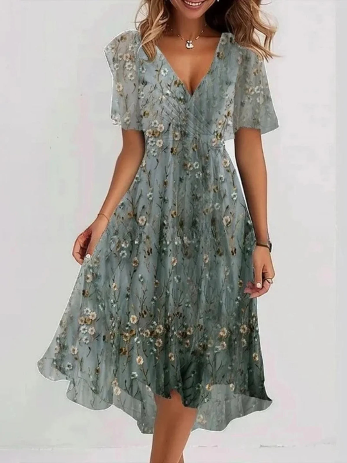 Short Sleeve V-Neck Floral Dress
