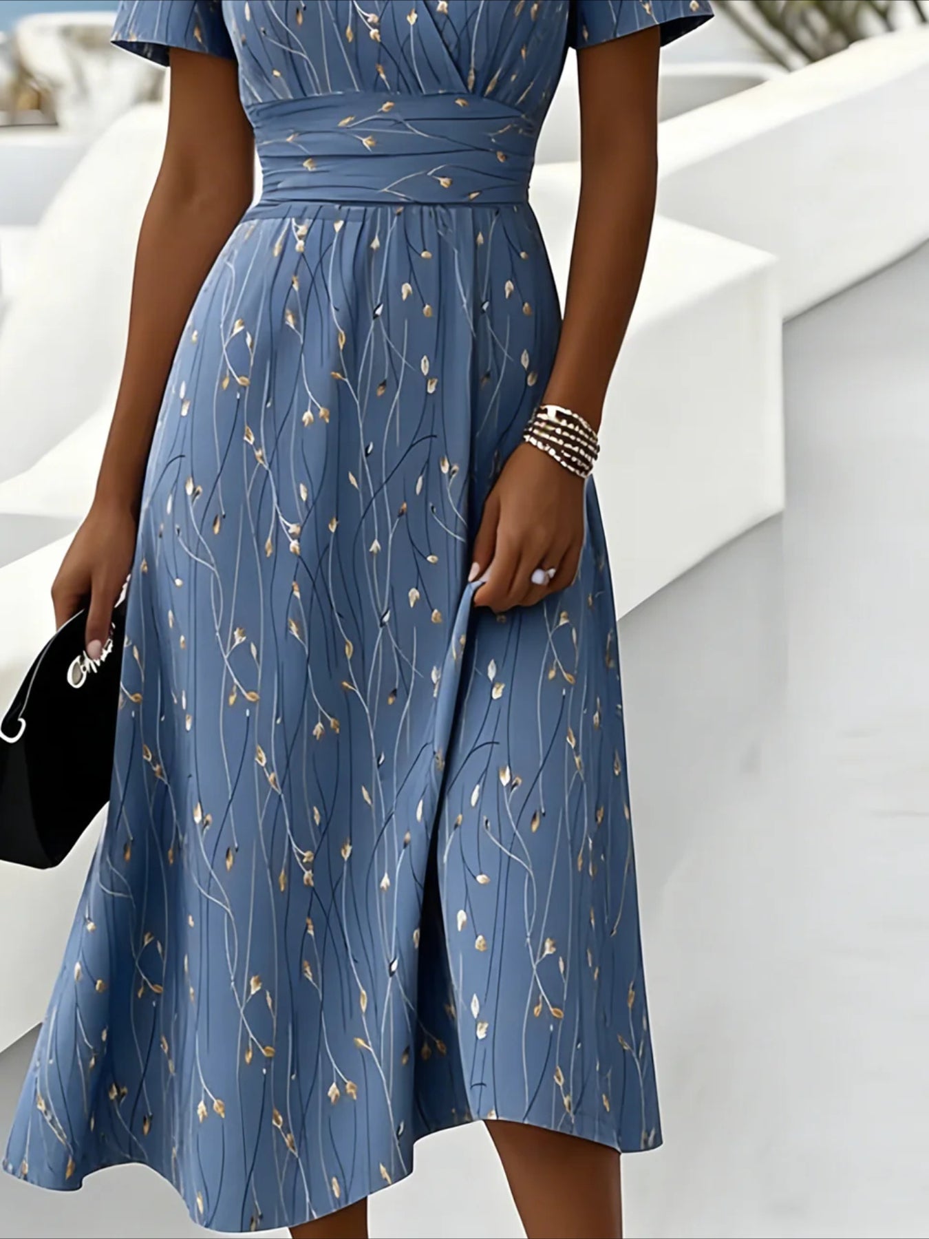 Leaf Summer V Neck Short Sleeve Beach A-Line Dress