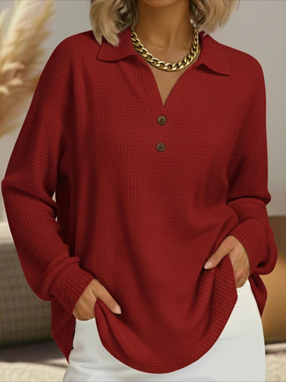 V Neck Button Down Waffle Solid Loose Pullover Long Sleeve Top