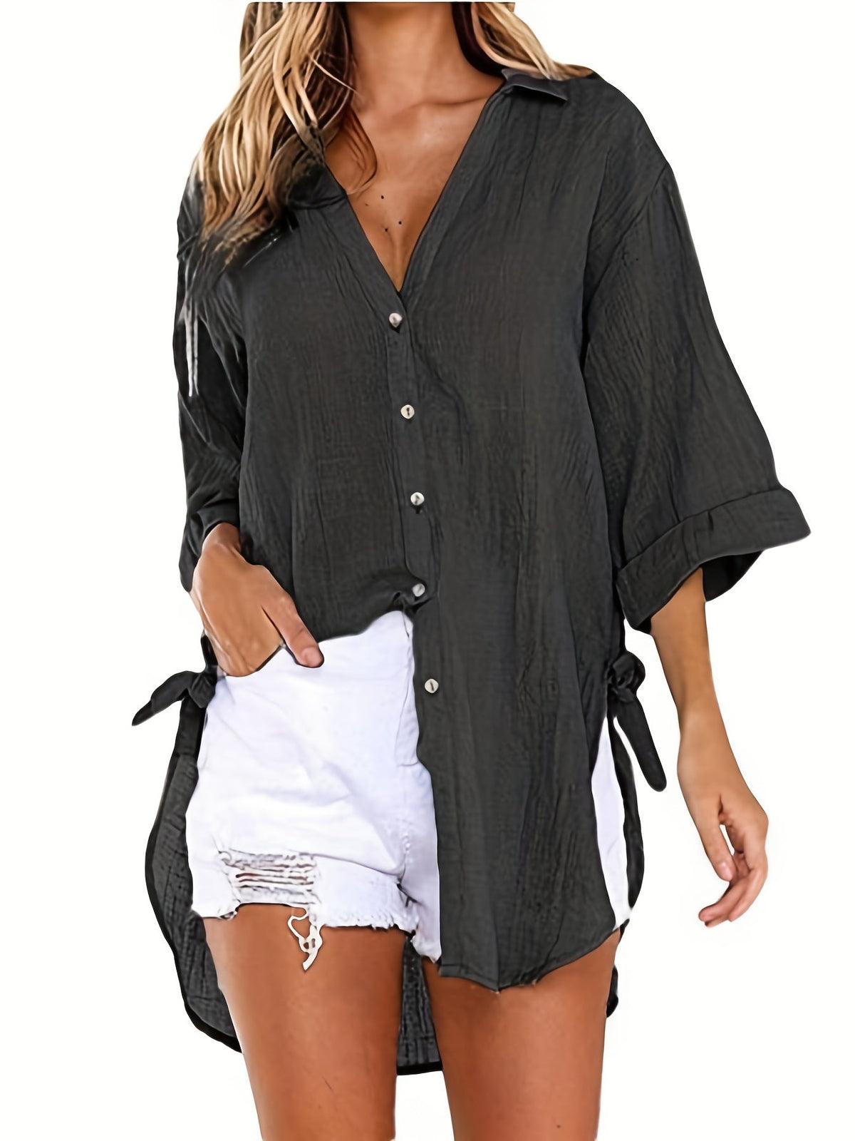 Solid Color V Neck Blouse, Casual Half Sleeve Blouse