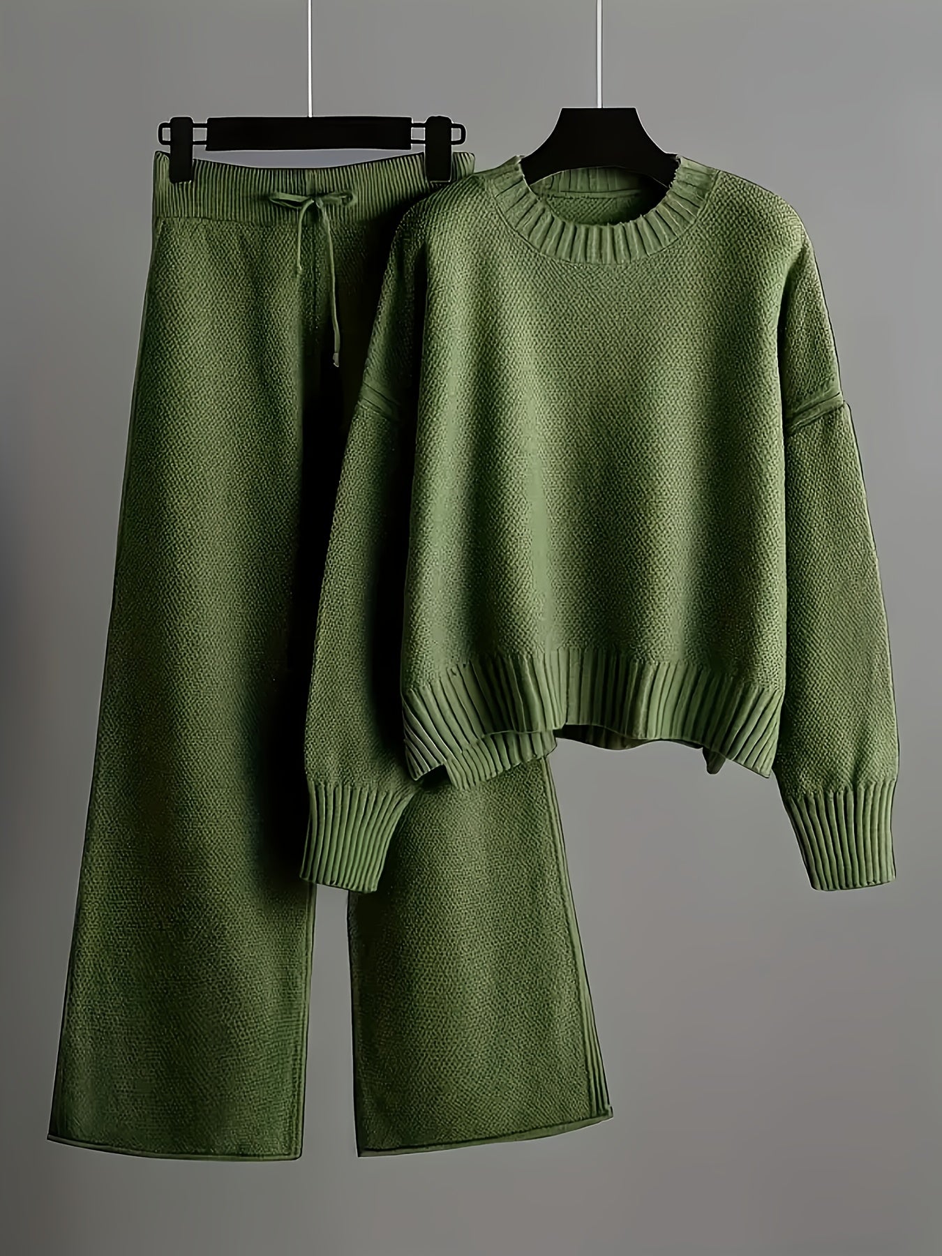 Solid Color Round Neck Sweater & Wide-Leg Pants Two-Piece Set