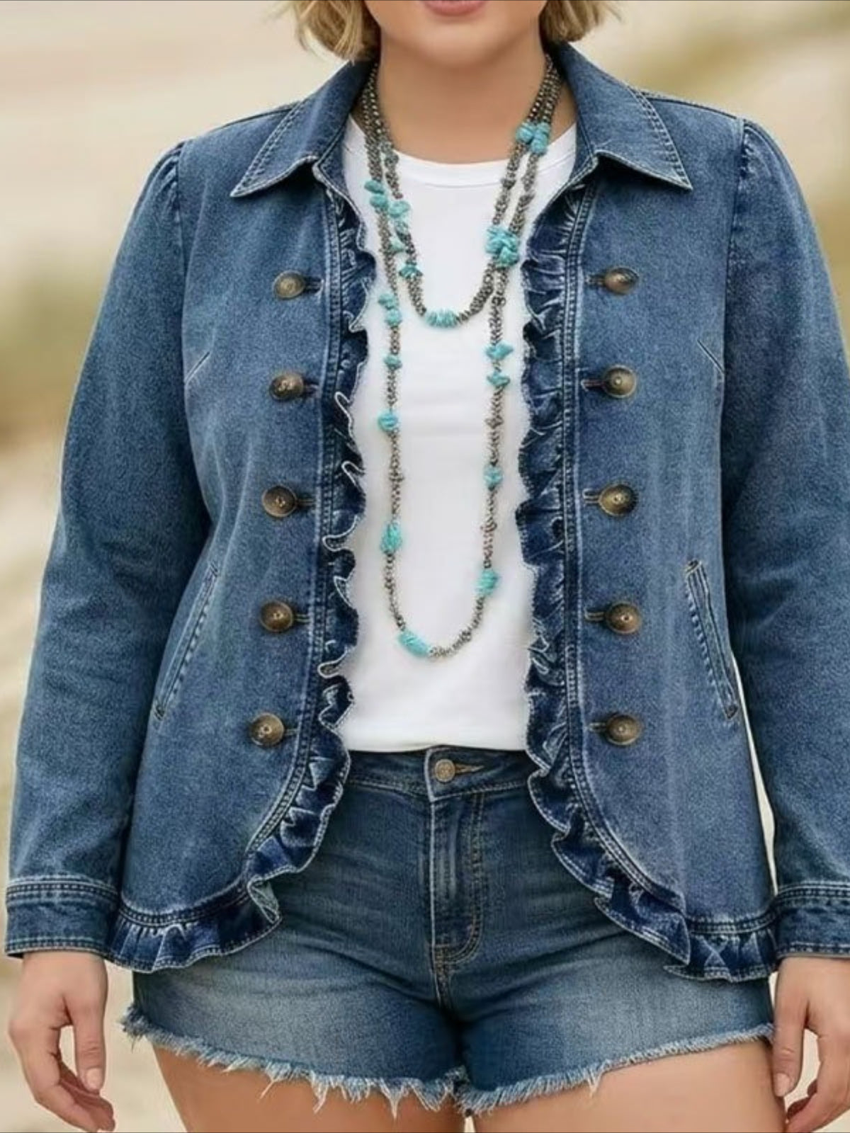 Ruffle Hem Short Lapel Double-breasted Ruffle Edge Jacket