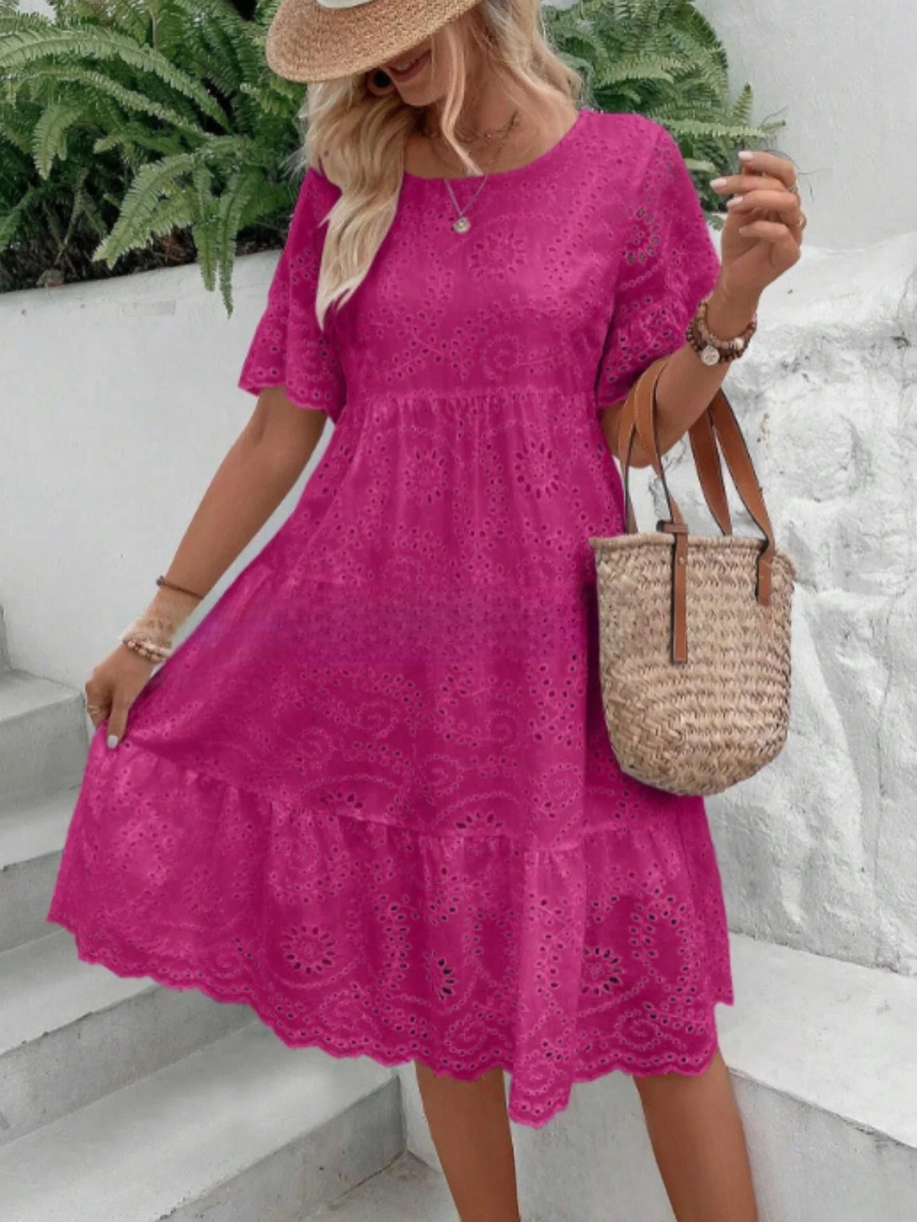 Embroidered Dress with a Hollowed-Out Lining in a Pure Color