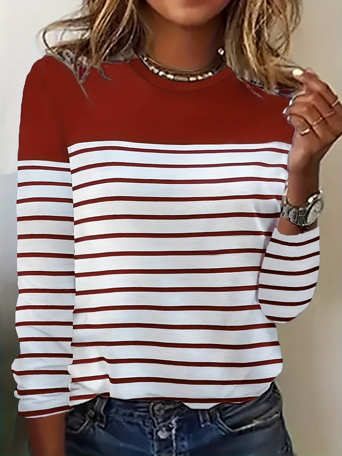 Stripe Print Crew Neck T-Shirt, Casual Long Sleeve Top