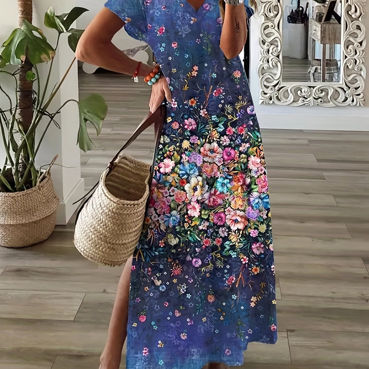 Floral Print Side Split Dress, Casual V Neck Short Sleeve Dress, Women's Clothing