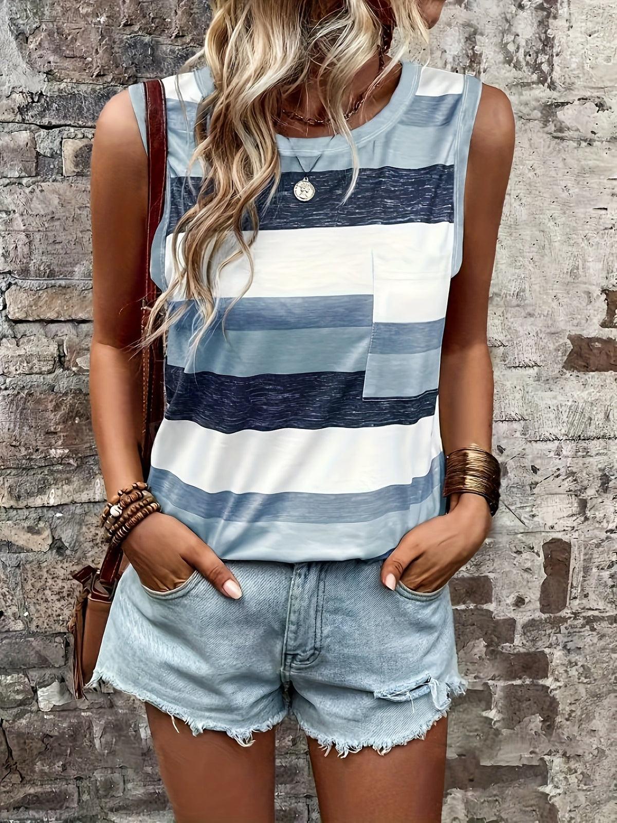 Striped Print Crew Neck Tank Top, Casual Sleeveless Patched Pocket Tank Top