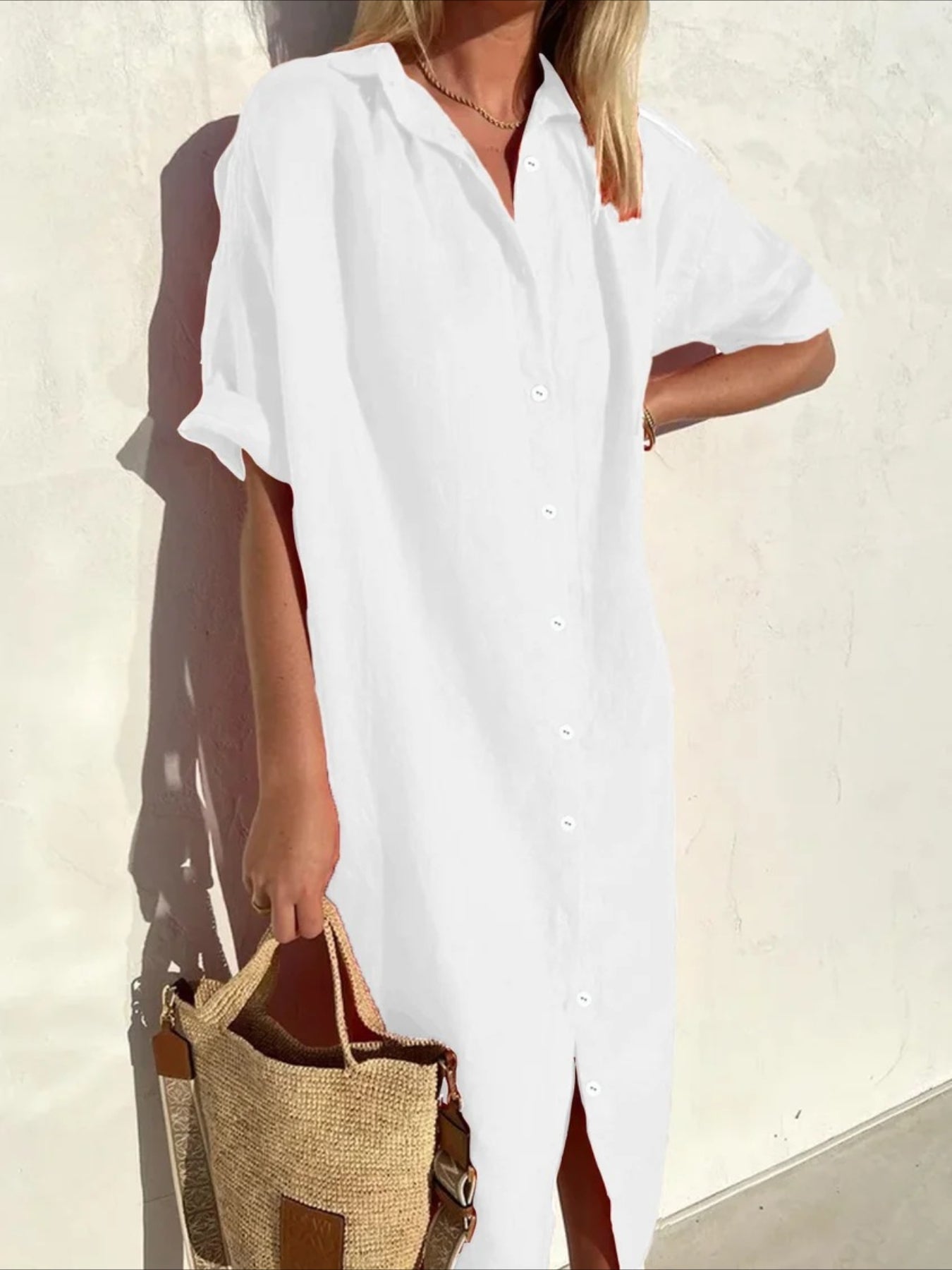 Solid Color Half Sleeve Button Down Maxi Dress