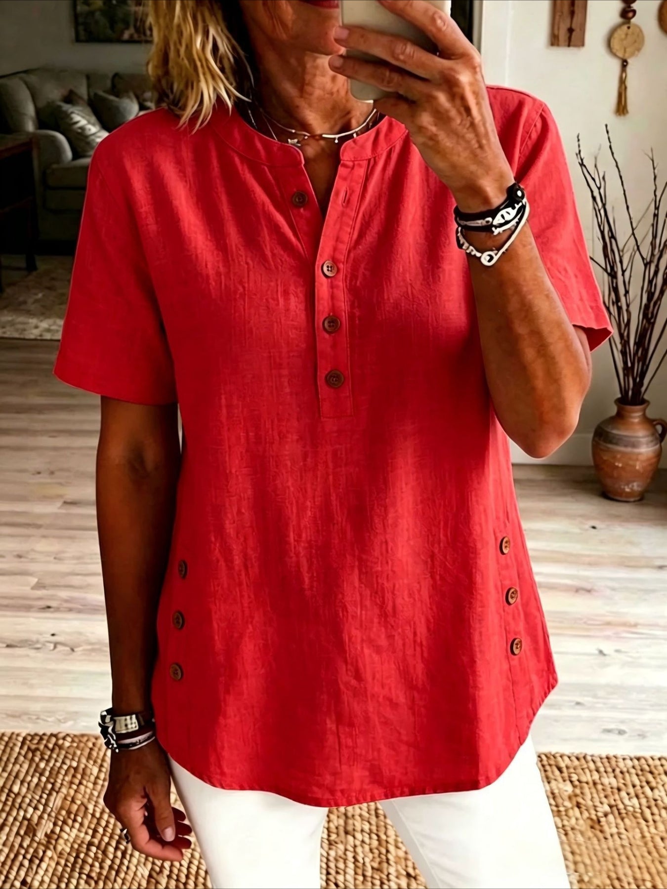 Stand Collar Short Sleeve Button Summer Daily Going Out Casual Shirt
