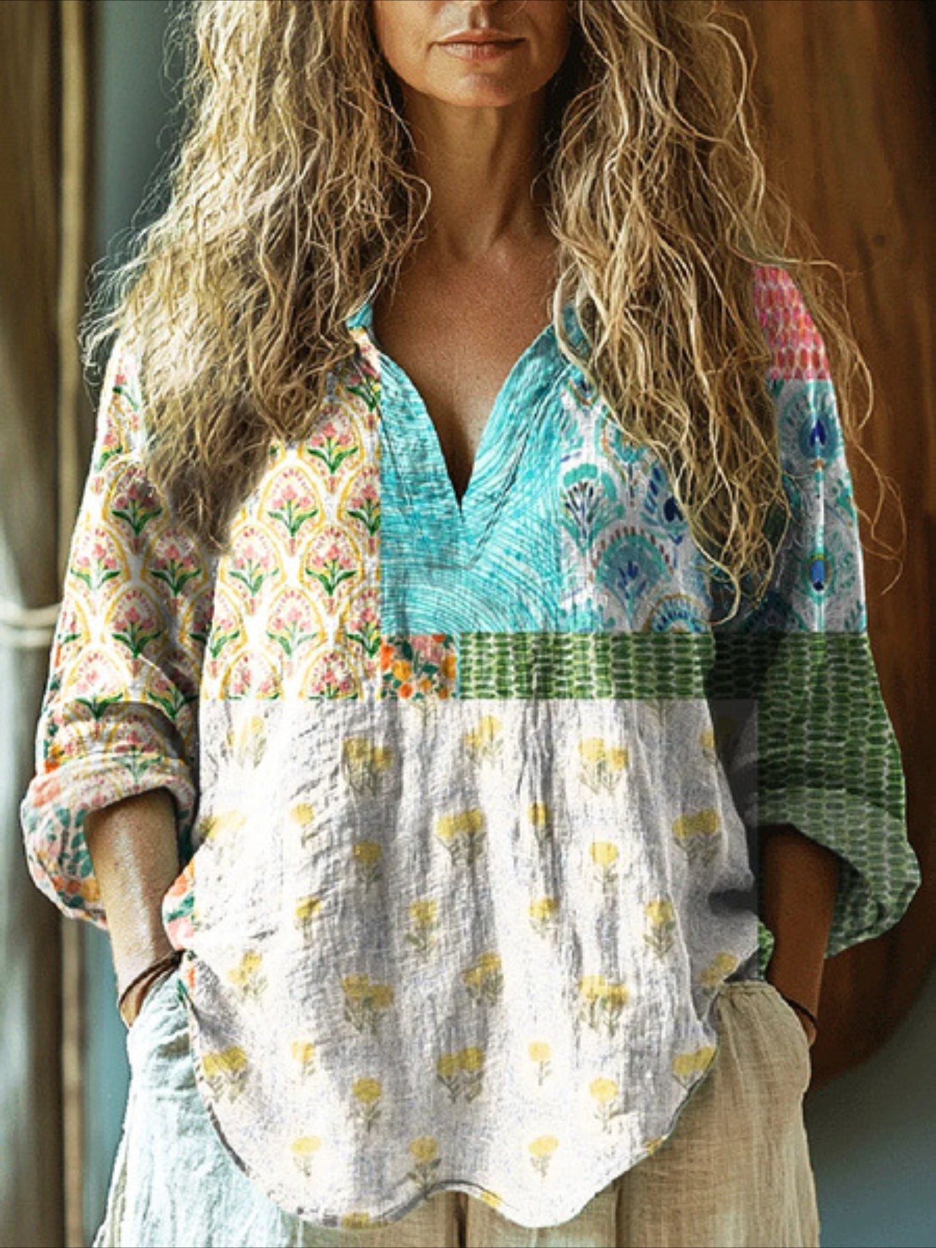 V Neck Long Sleeve Ombre Regular Loose Shirt