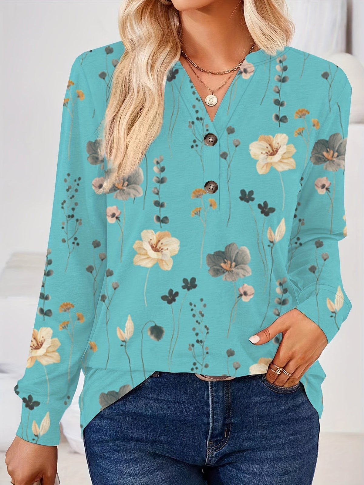 Floral Print V Neck Button T-Shirt, Casual Long Sleeve T-Shirt