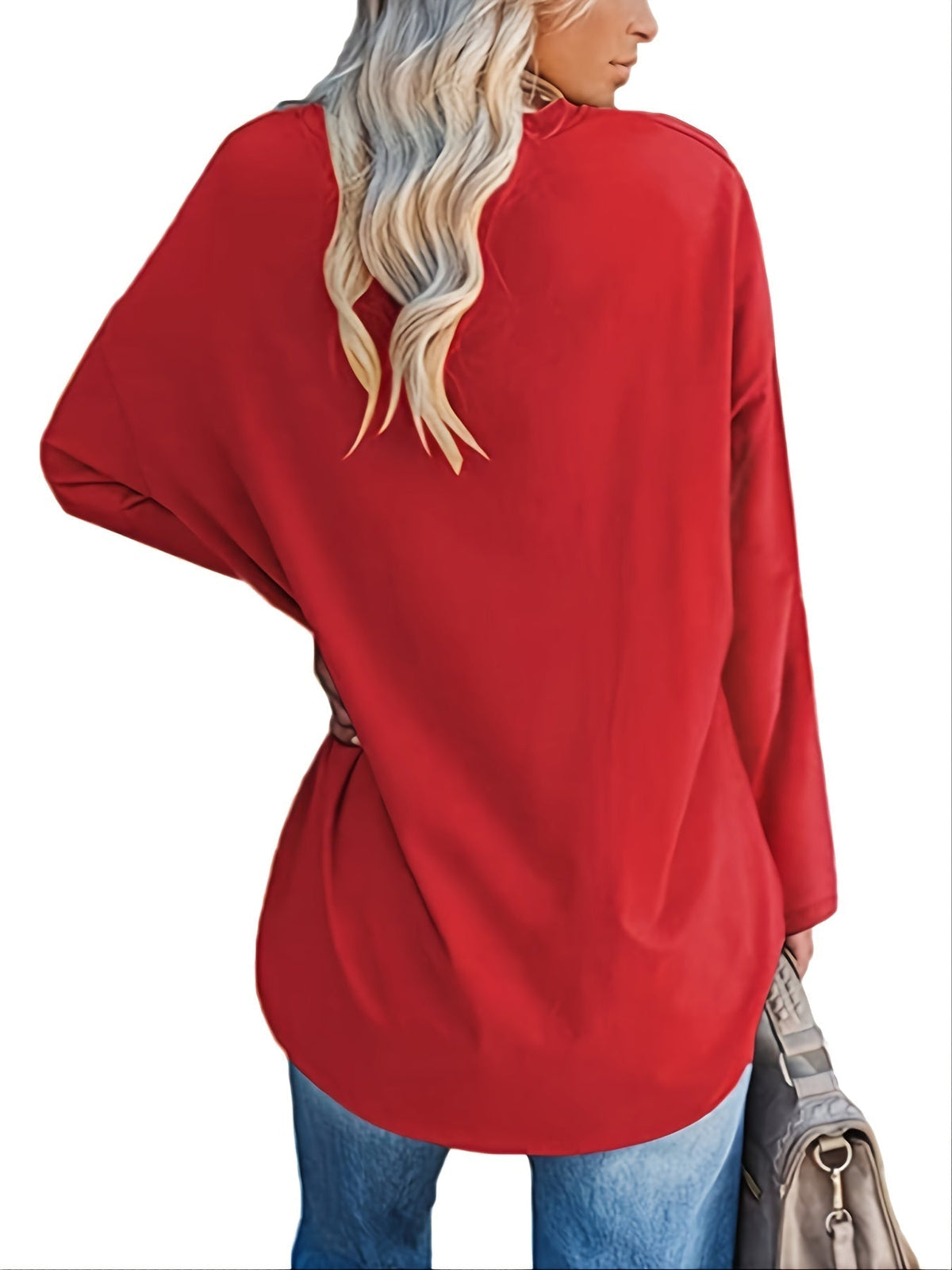 Women's Solid Color Oversized Tops, V-Neck Long Sleeve T-Shirts, Casual Loose Shirts