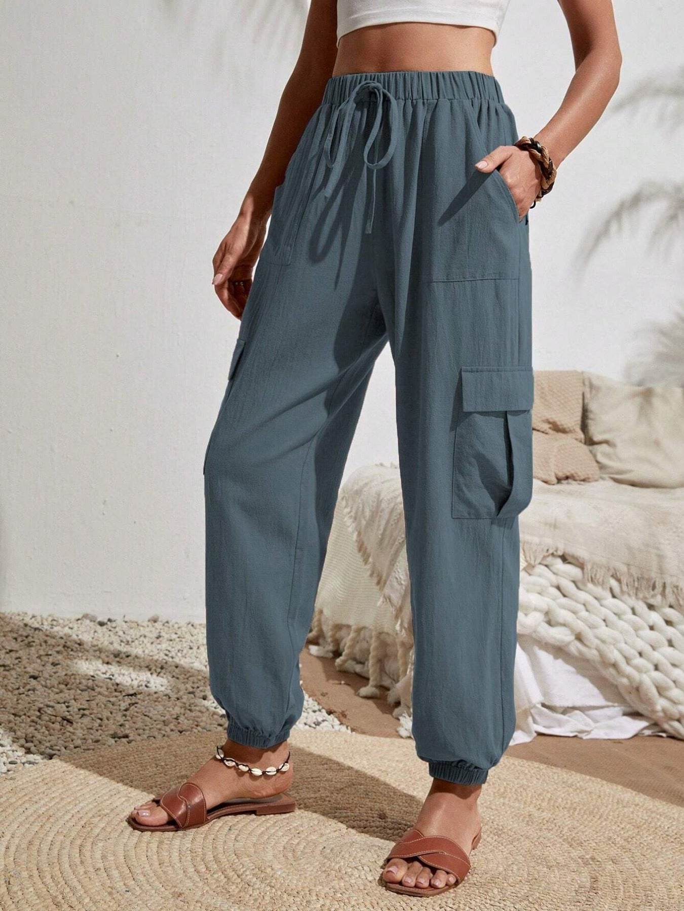 Solid Drawstring Pants, Casual Slant Pockets Cargo Pants