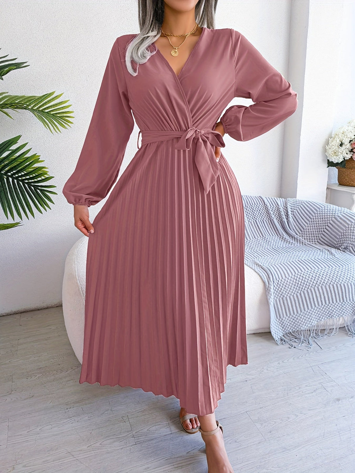 Pleated Surplice Neck Dress, Elegant Long Sleeve Solid Dress, Women's Clothing