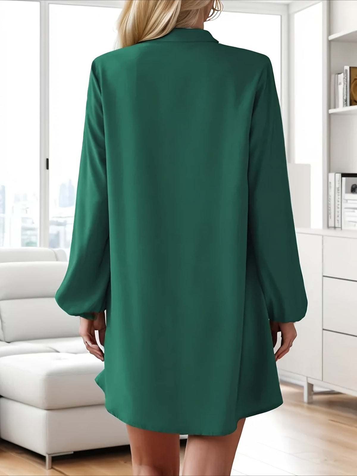 Solid Color V Neck Dress, Casual Long Sleeve Loose Fit Dress