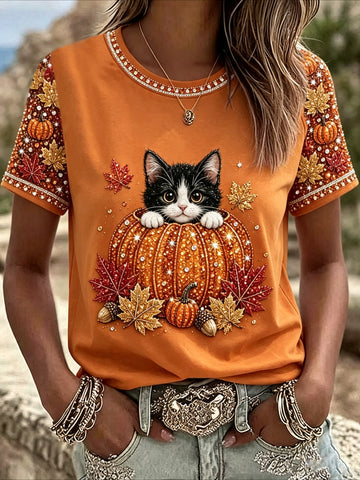 100% Cotton Casual Cat Crew Neck Short Sleeve T-shirt