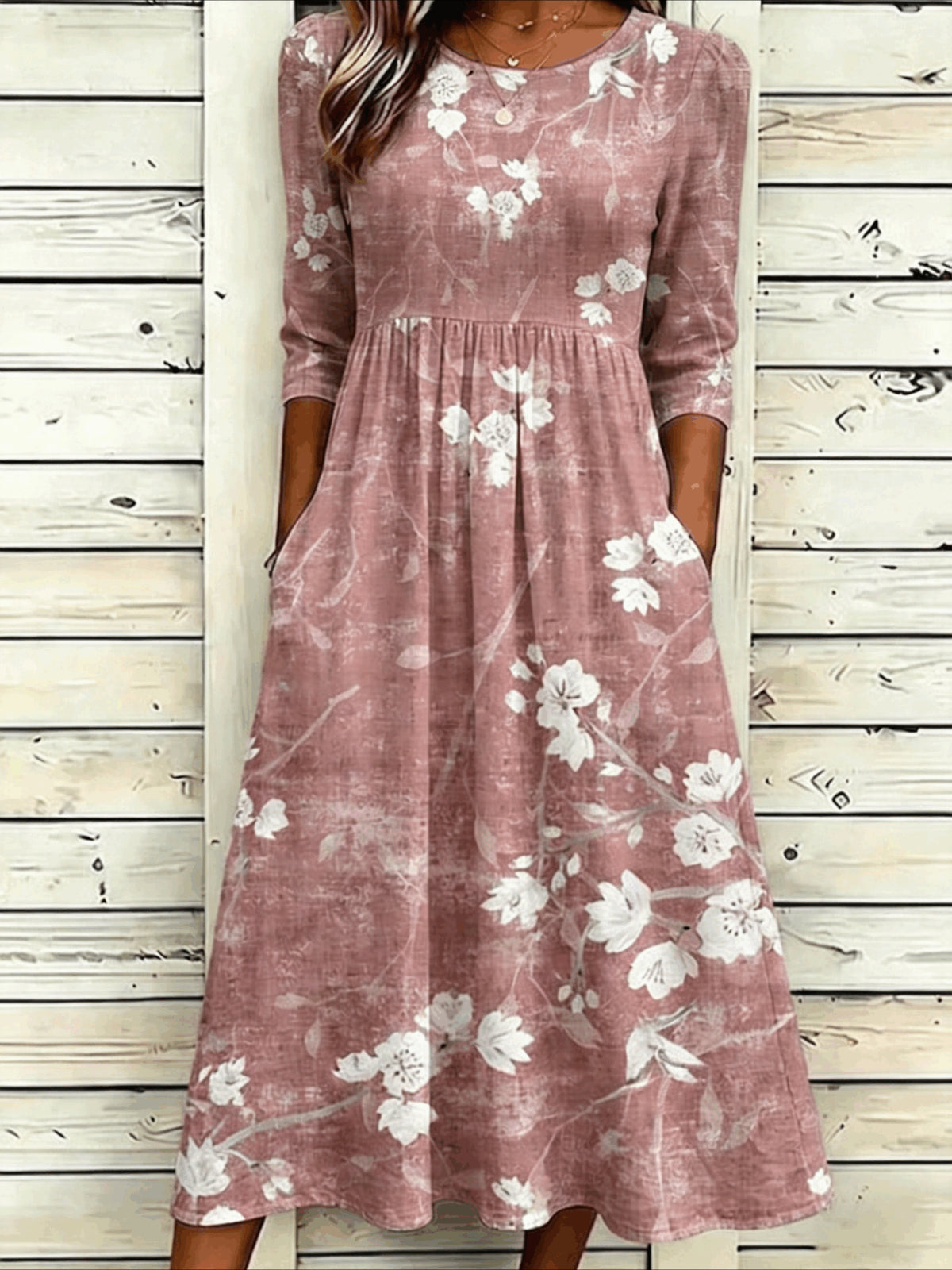 Flower Casual Round Neck Half Sleeve Mid Dress