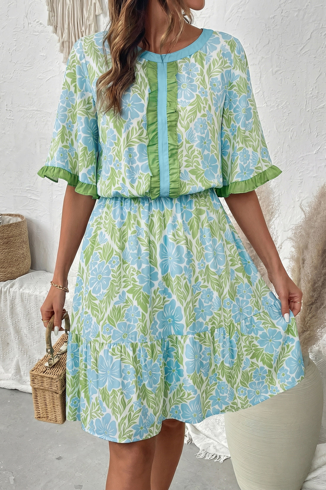 Sky Blue Floral Print High Waist Ruffle Short Sleeve Mini Dress