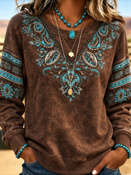 Western Style Ethnic Regular Fit Crew Neck Abstract Casual Sweatshirt