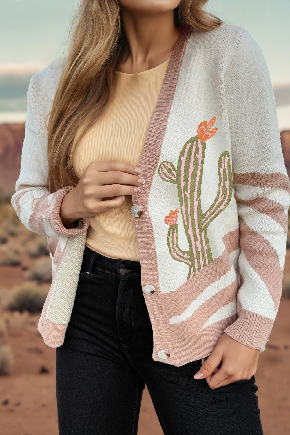 Apricot Desert Cactus Buttoned Front Sweater Cardigan