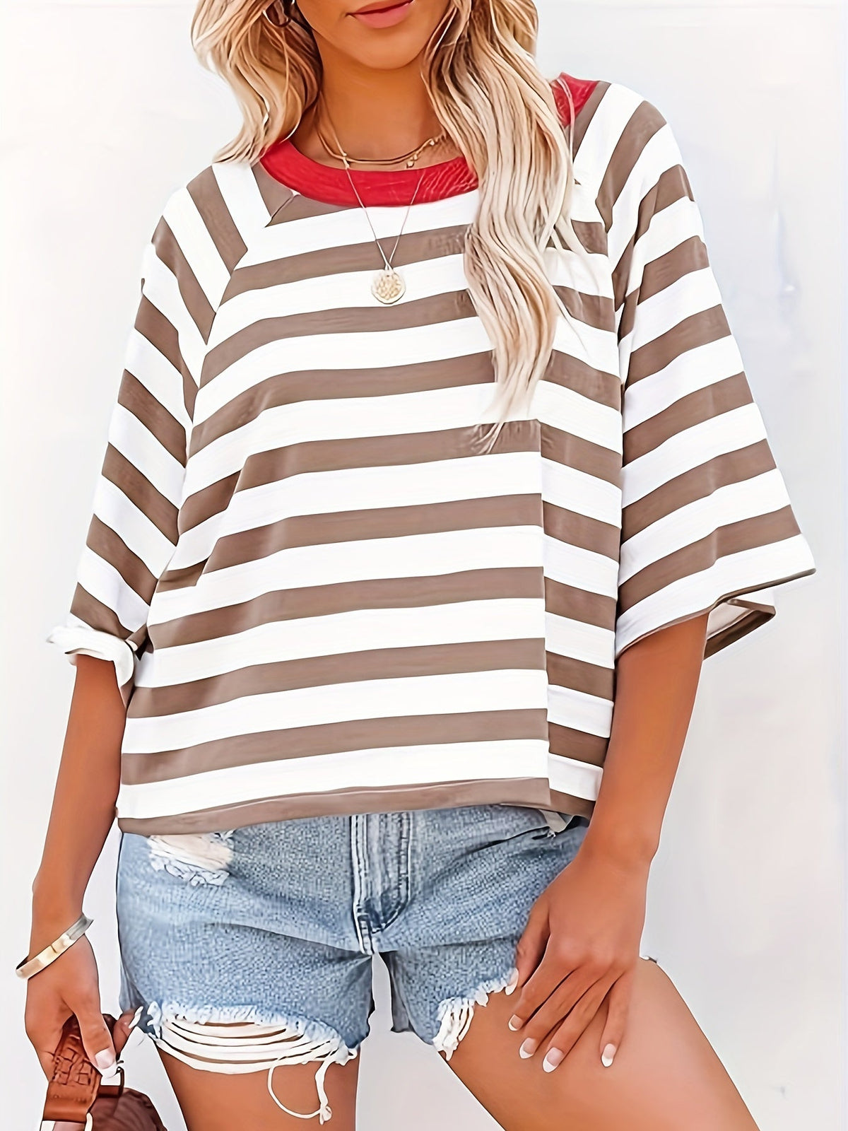 Striped Drop Shoulder Loose T-Shirt, Casual Short Sleeve T-Shirt