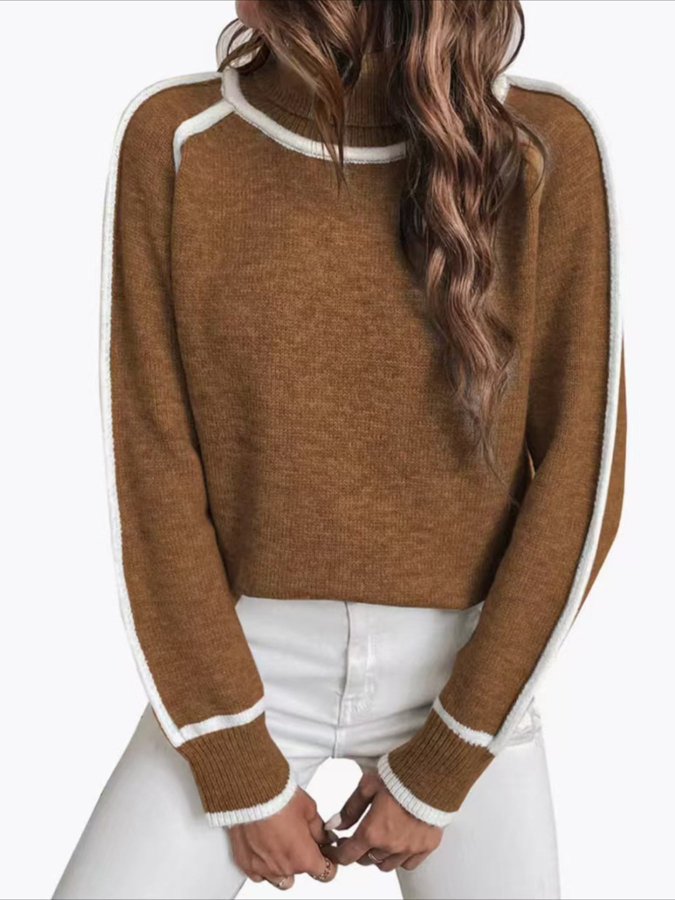Stylish Contrast Trim Turtle Neck Sweater - Cozy Casual Long Sleeve Sweater