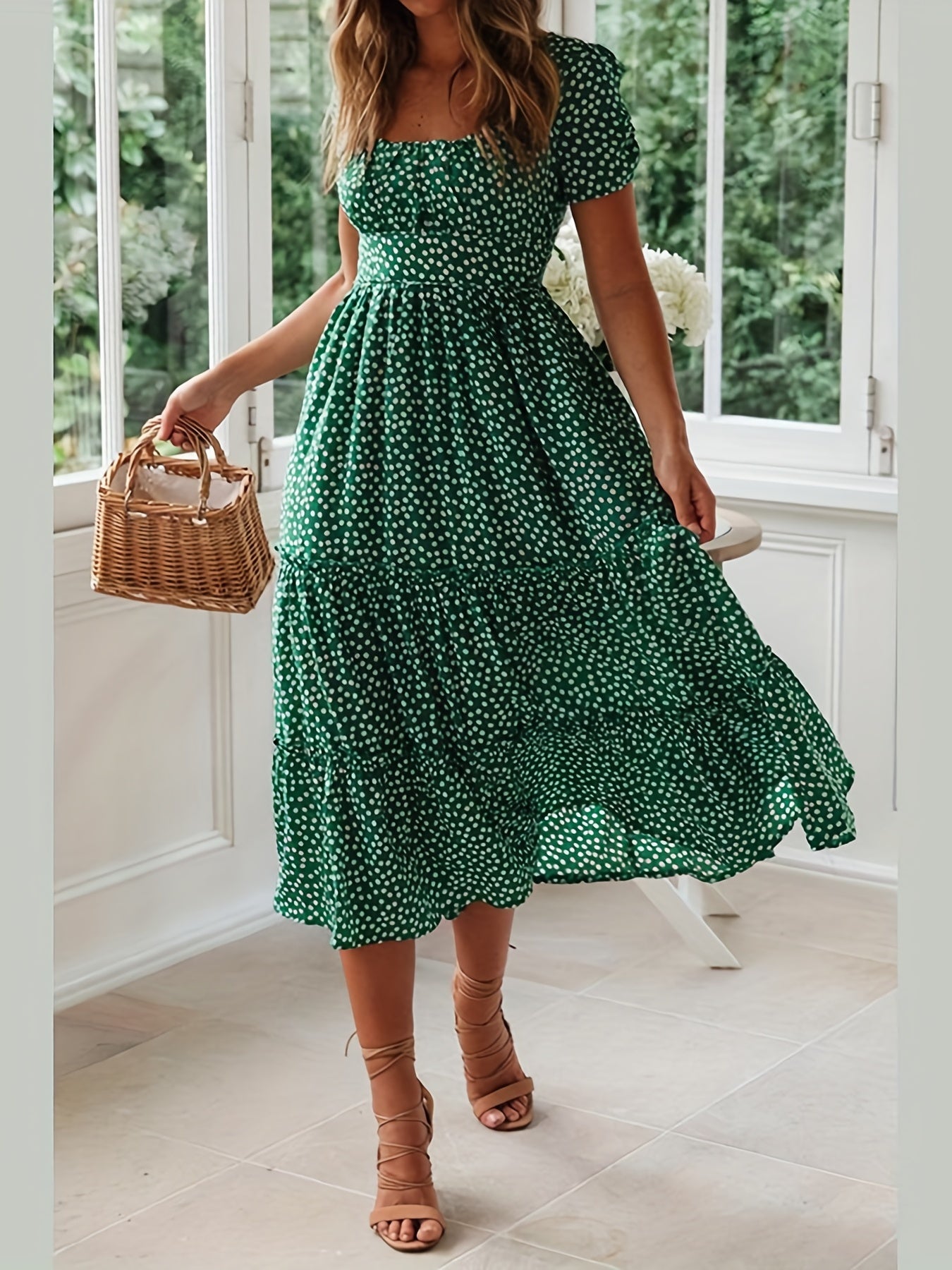 Polka Dot Ruffle Hem Dress, Casual Square Neck Short Sleeve Dress
