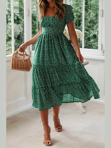 Polka Dot Ruffle Hem Dress, Casual Square Neck Short Sleeve Dress