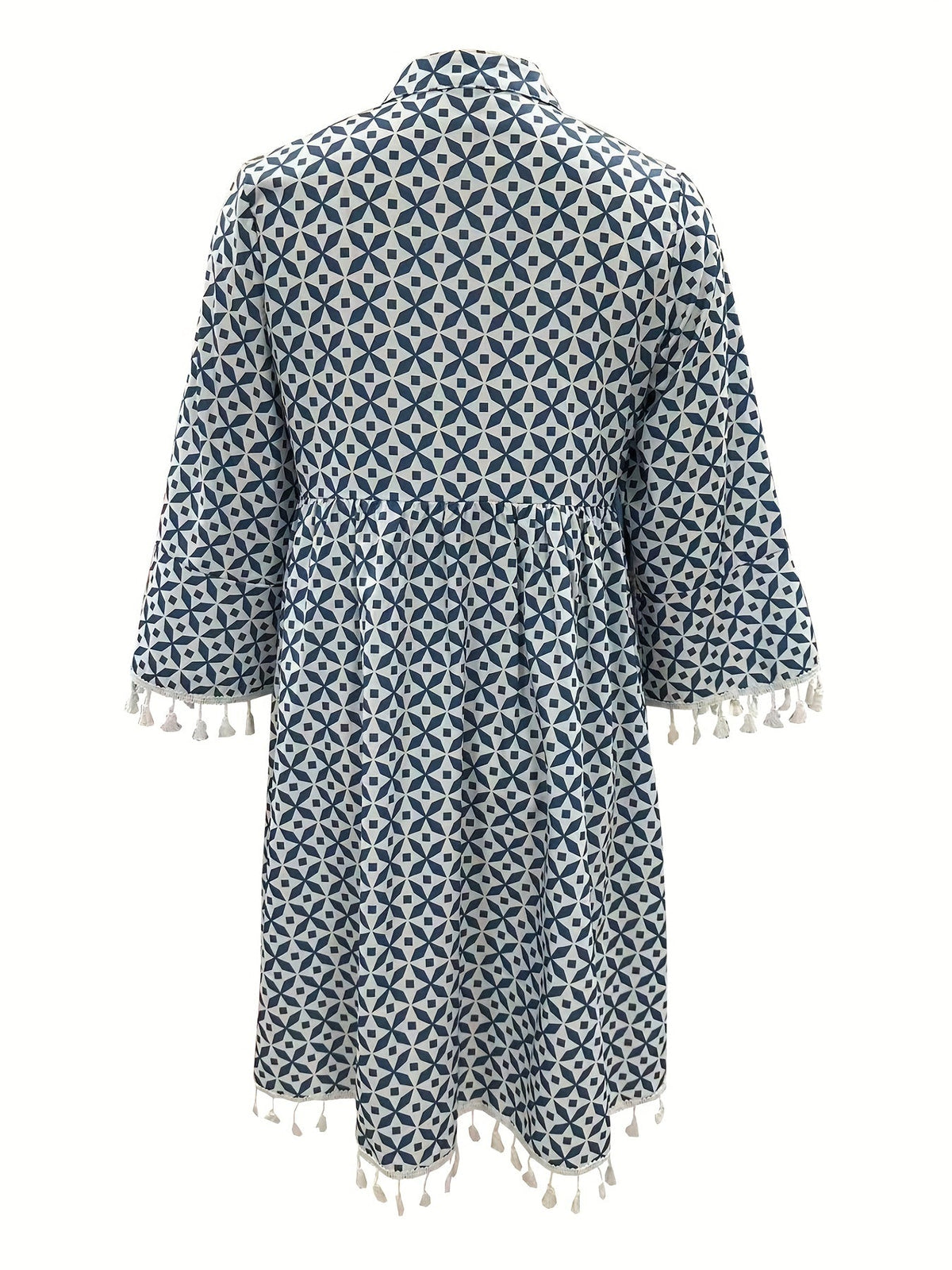 Retro Print Boho Dress, V Neck Tassels Casual Dress