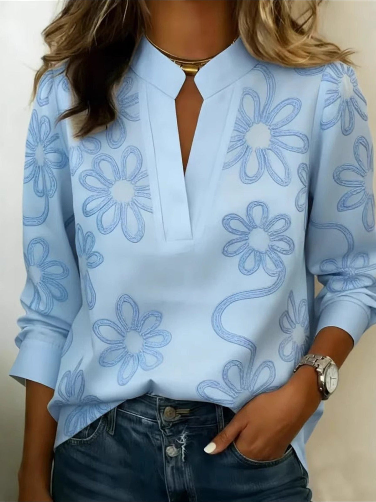 V-Neck Button-Down Printed Long-Sleeve Shirt
