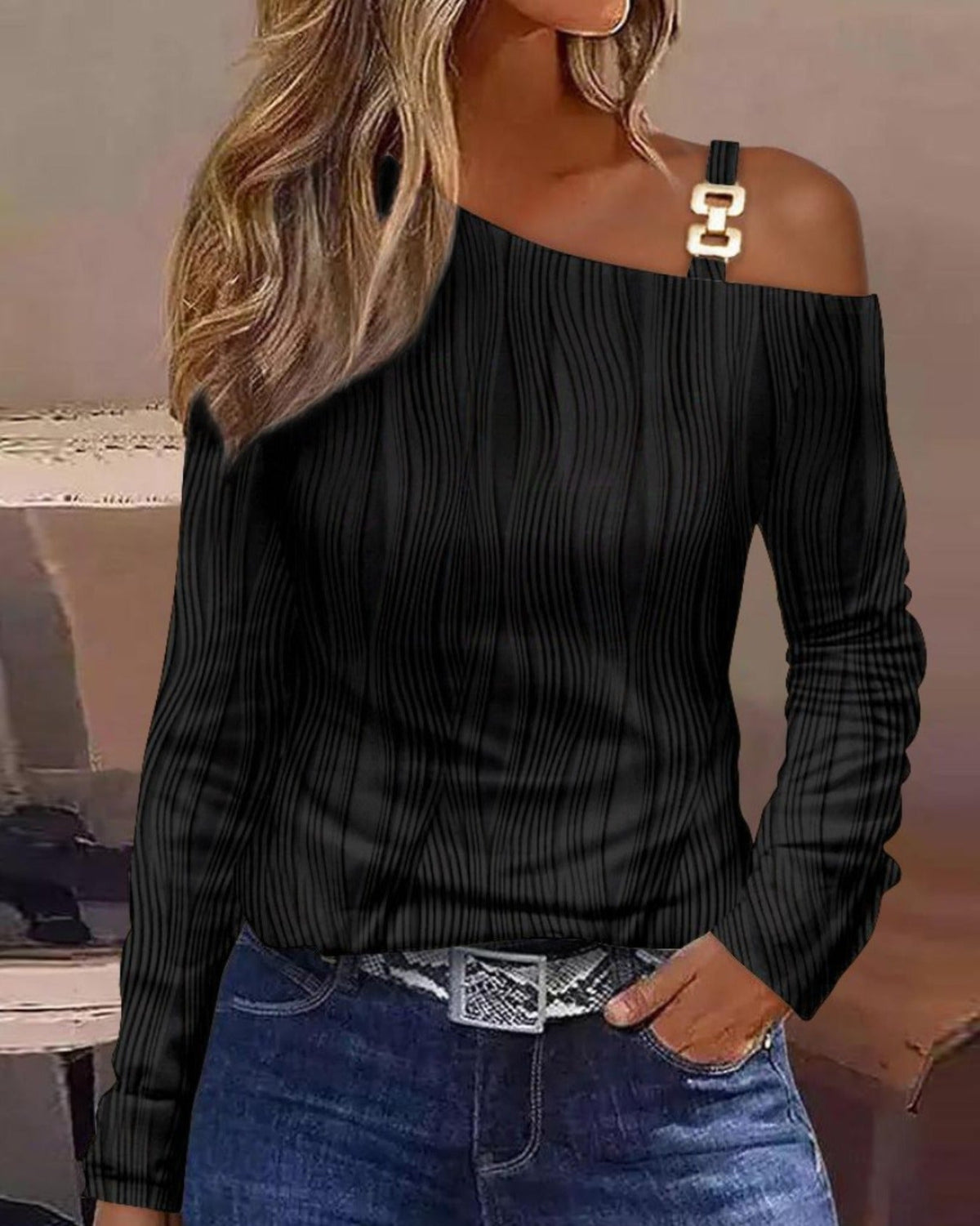 Women's Solid Striped Metal Decor Long Sleeve One Shoulder Top