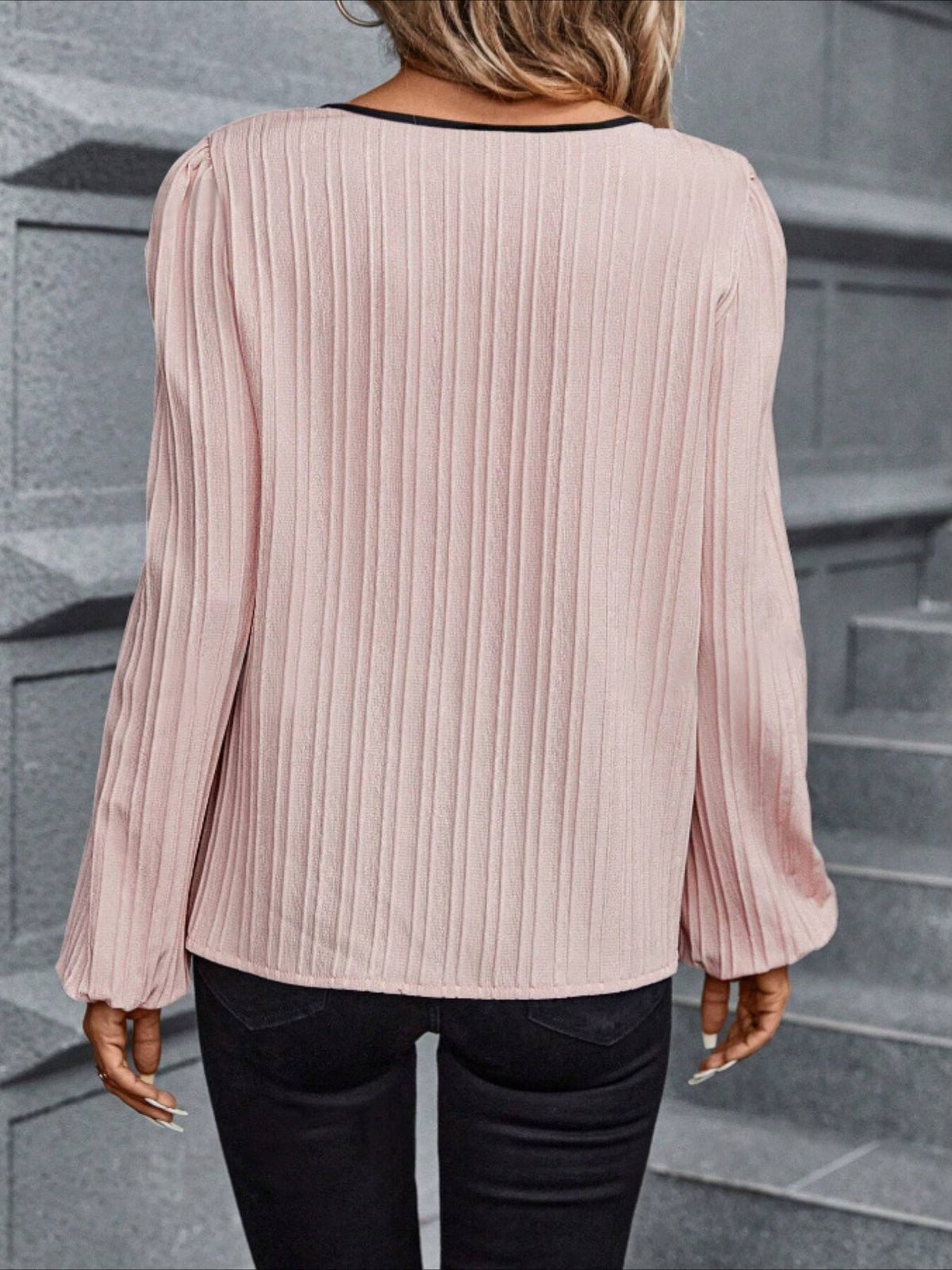 Women's Casual Spring & Fall Lantern Sleeve Blouse with Contrast Trim Notched Neck, Perfect for Everyday Wear