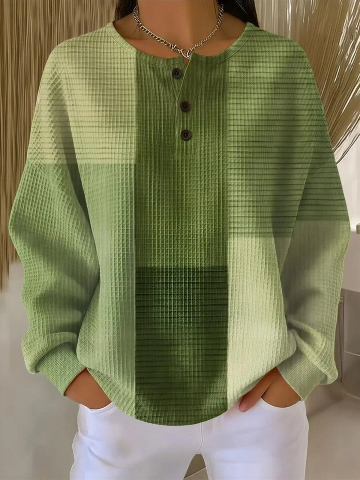 Colorful Ribbed V Neck Braided Print Long Sleeve Regular Sweatshirt