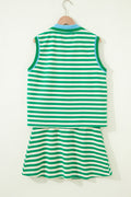 Bright Green Textured Stripe Print Contrast Trim Zip Collar Sleeveless 2pcs Skort Set