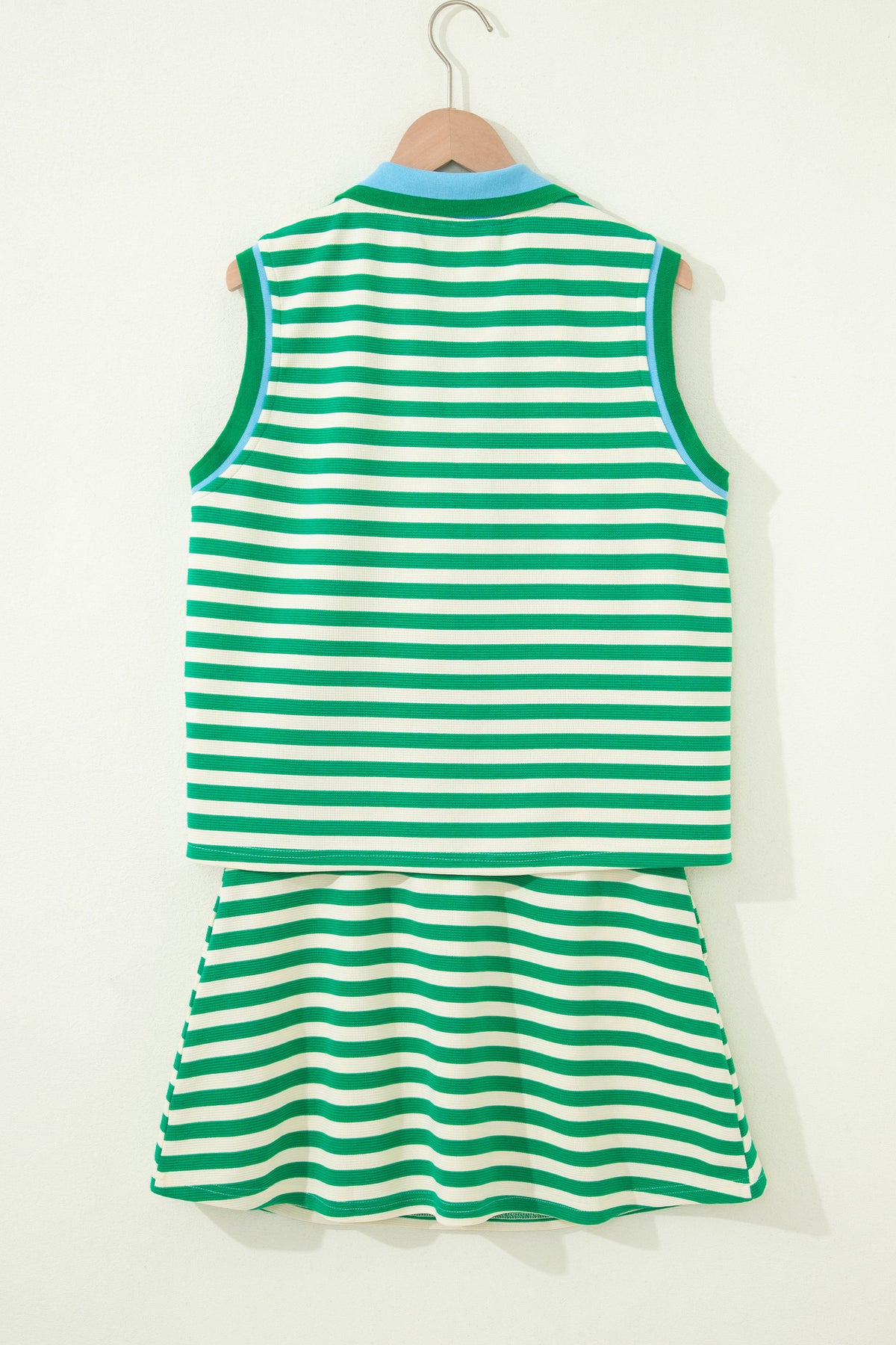 Bright Green Textured Stripe Print Contrast Trim Zip Collar Sleeveless 2pcs Skort Set