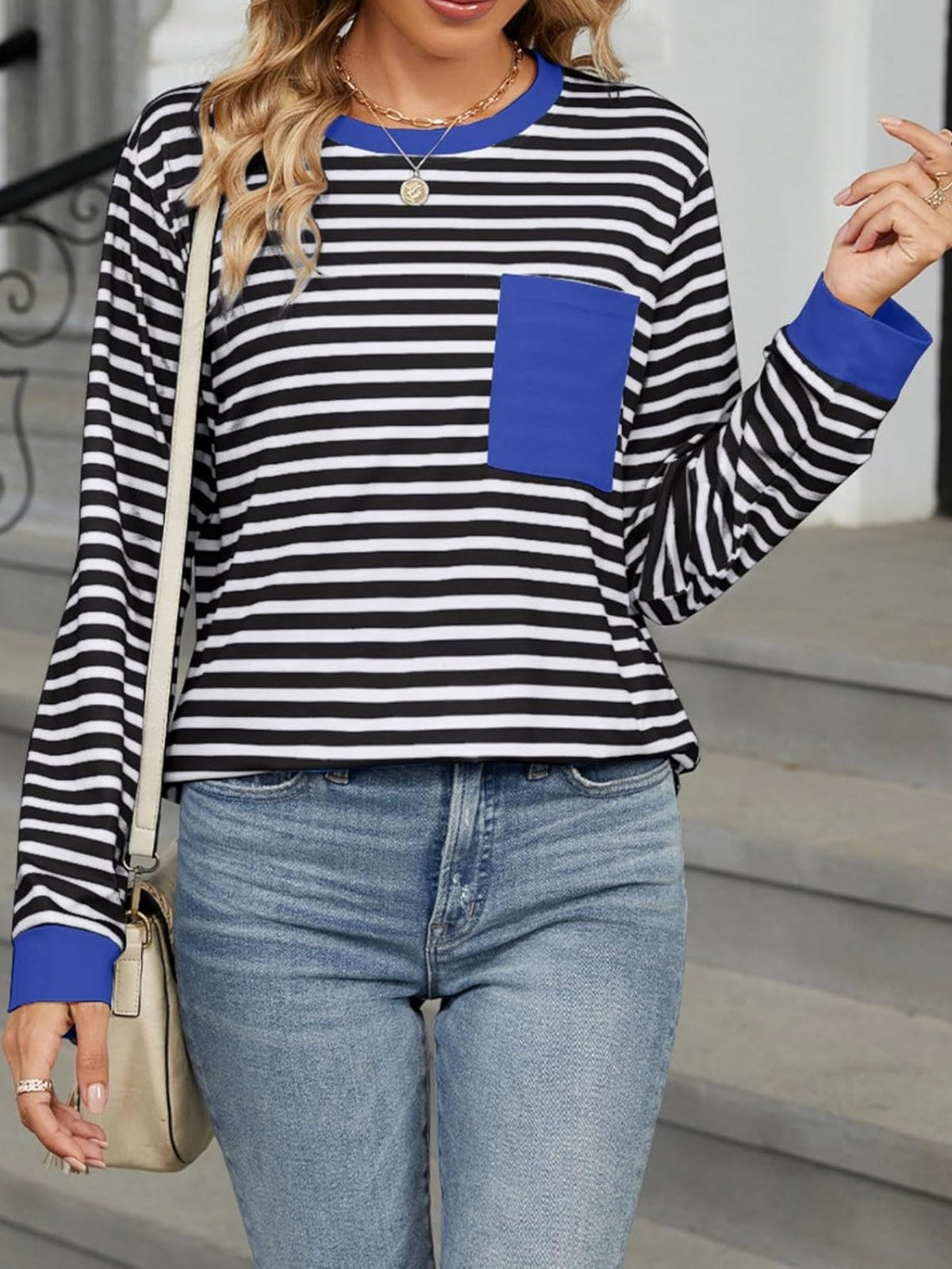 Women's Striped Long Sleeve Shirts Color Block Loose Pullover Tops Crew Neck Casual Blouse Sweatshirts Fall Outfits
