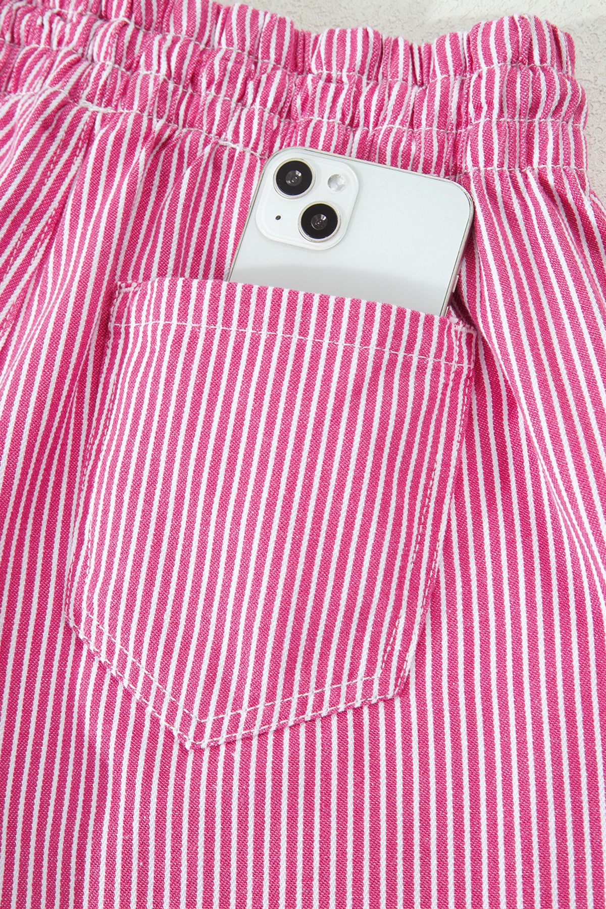 Pink Stripe Drawstring Elastic Waist Casual Denim Shorts