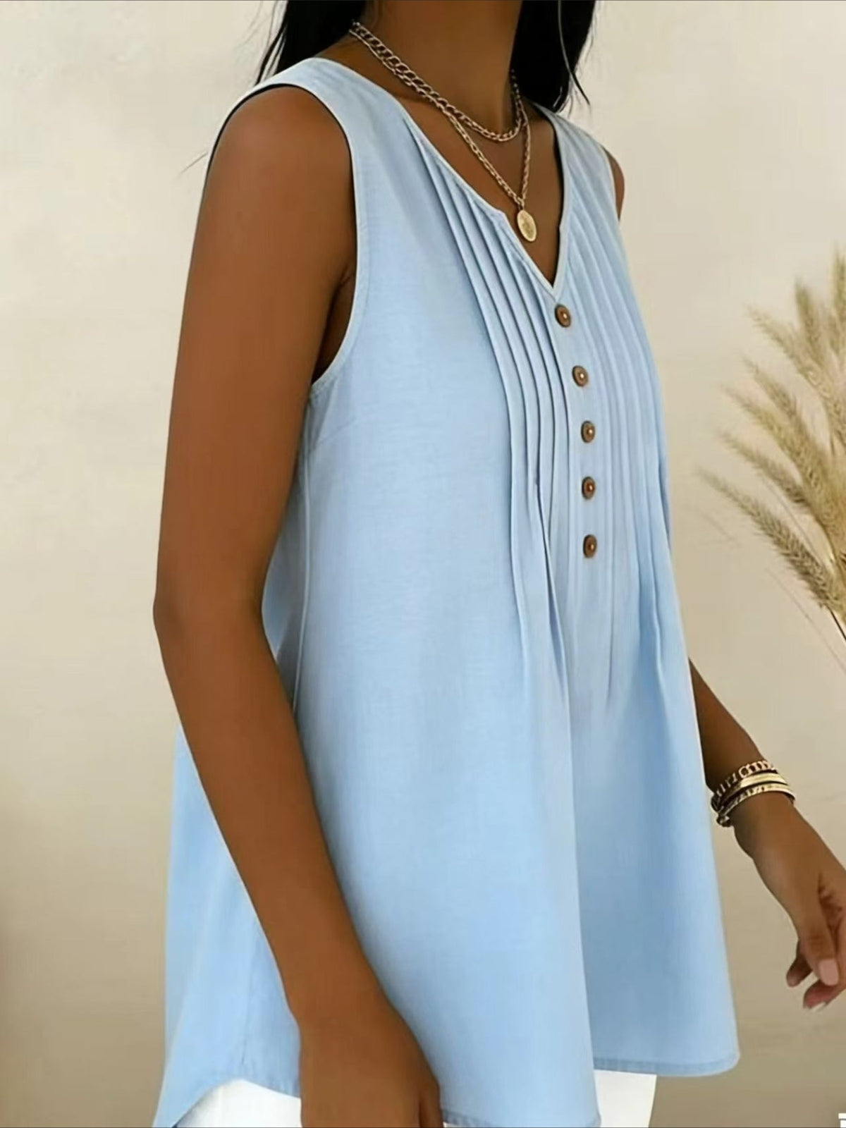 Elegant V Neck Sleeveless Button Summer Vacation Casual Tank Top