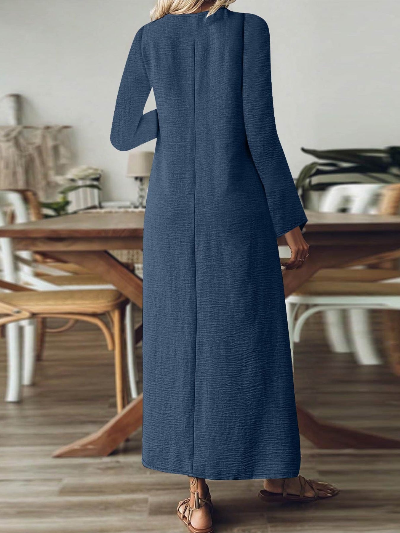 Back Zipper Solid Color Long Sleeve Cotton and Linen Dress
